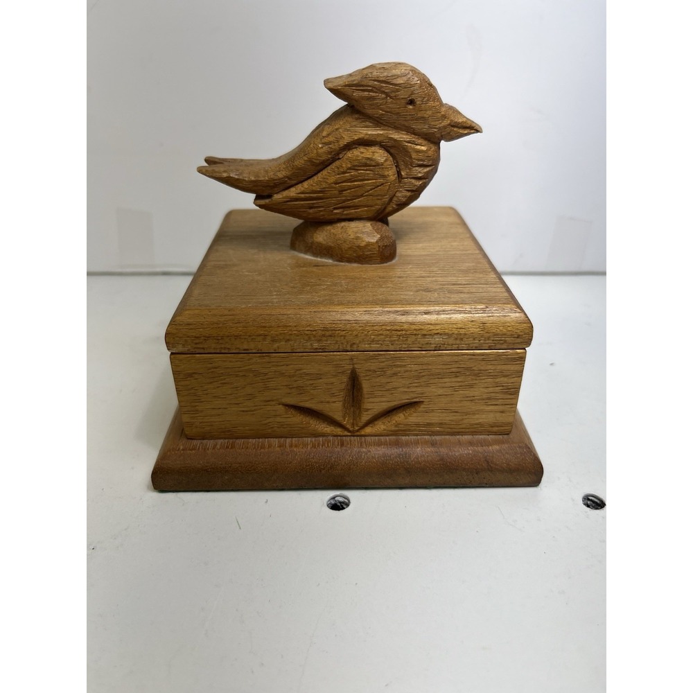 Vintage Hand Carved Wooden Bird Trinket Box Folk Art Boho Cottagecore Decor